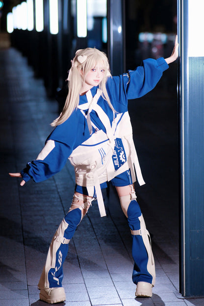 White/Blue [Zero-Type Transformation] Techwear Long Sleeves Embroidered Hooded Punk Jirai Kei Shorts Coat Set