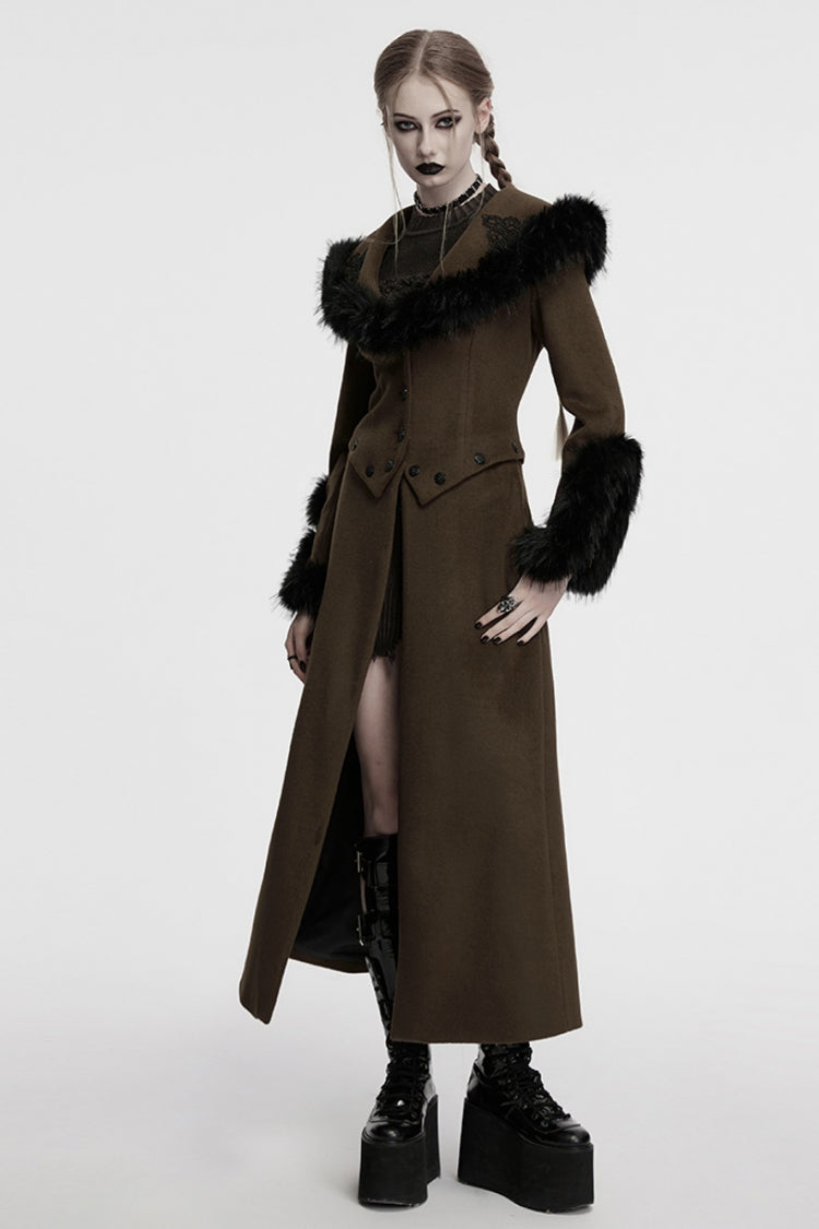Coffee Long Sleeves Faux Fur Stitching Lace-Up Detachable Women's Gothic Coat