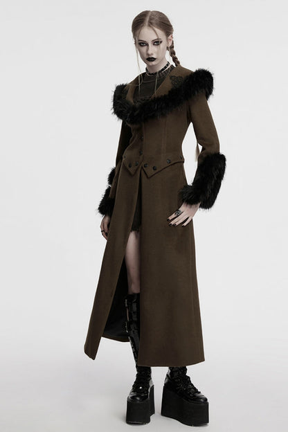 Coffee Long Sleeves Faux Fur Stitching Lace-Up Detachable Women's Gothic Coat