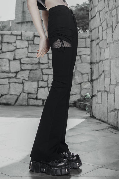 Black Side Open Drawstring Design Sexy Elastic Women's Punk Flared Pants