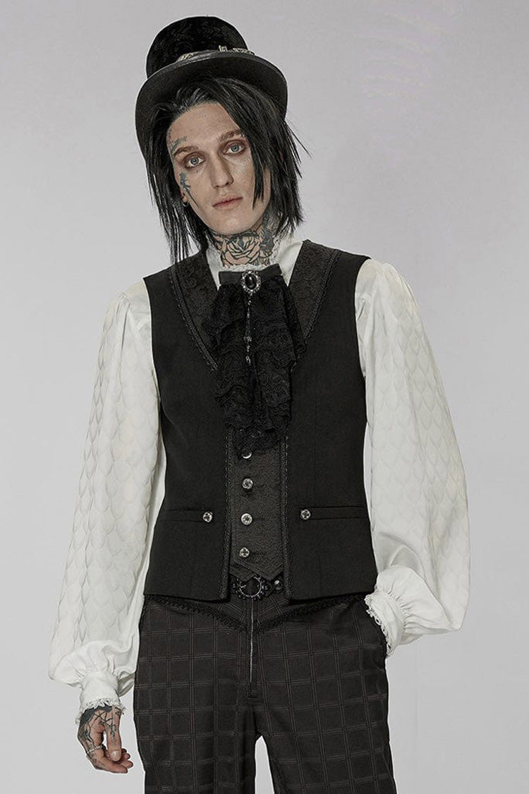 Black Punk Jacquard V-Neck Stitching Three Dimensional Engraving Hand Sewn Button Lace Short Men's Vest