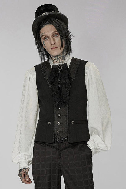 Black Punk Jacquard V-Neck Stitching Three Dimensional Engraving Hand Sewn Button Lace Short Men's Vest