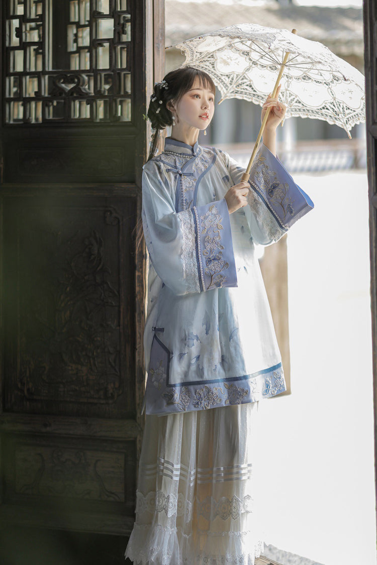 Blue [Flower Room] Stand Collar Long Sleeves High Waisted Printed Embroidered Women's Sweet Classic Hanfu Dress Set