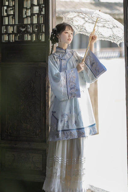 Blue [Flower Room] Stand Collar Long Sleeves High Waisted Printed Embroidered Women's Sweet Classic Hanfu Dress Set