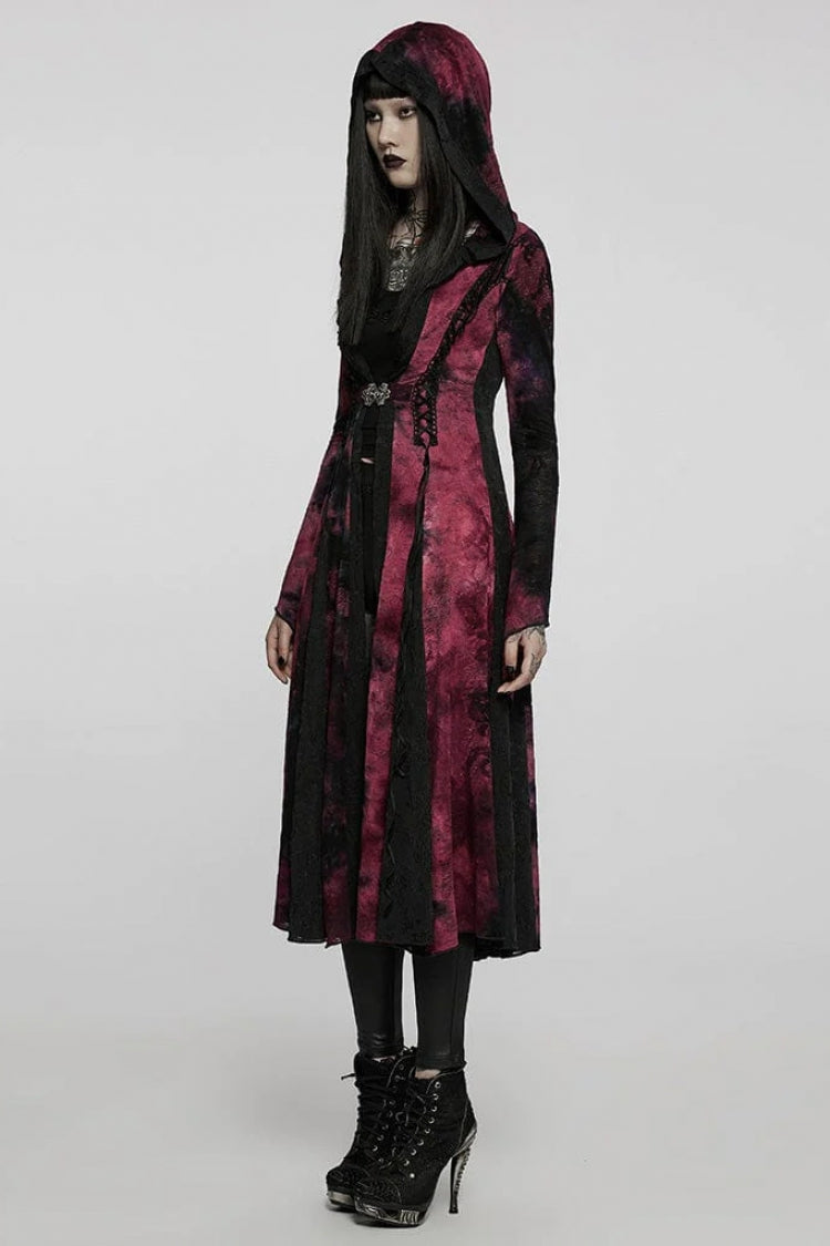 Red/Black Long Trumpet Sleeves Stitching Hooded Womens Gothic Vintage Coat