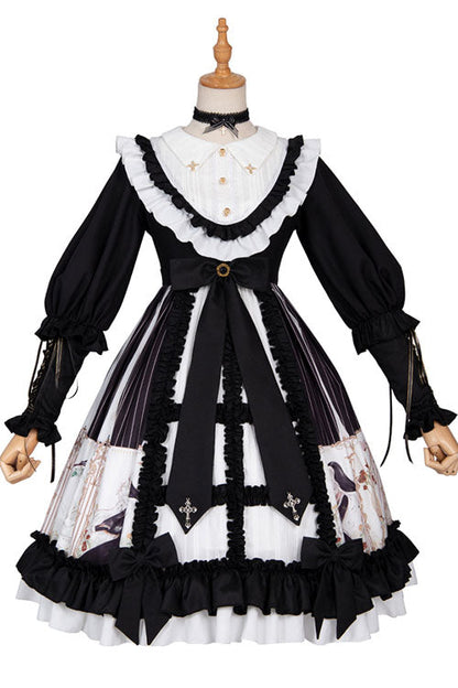 Black/White Dark Gold Hymn Bowknot Square Collar Long Sleeves Cardigan Ruffled Gothic Lolita OP Dress