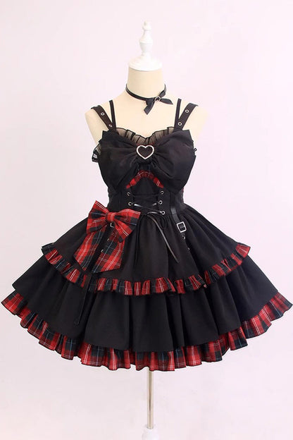 Black/Red Plaid Print Color Contrast Leather Buckle Bowknot Ruffle Gothic Lolita JSK Dress
