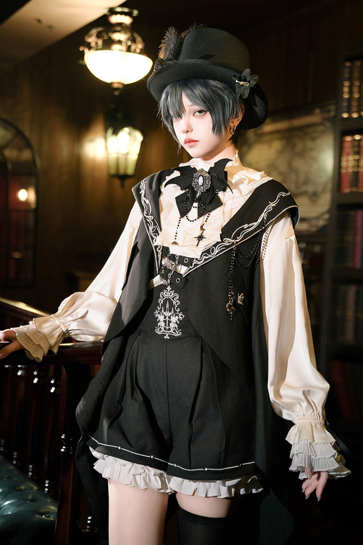 Black [Bunny-Eared Meteorite] Long Sleeves Embroidered Gothic Prince Ouji Lolita Shorts Vest Set
