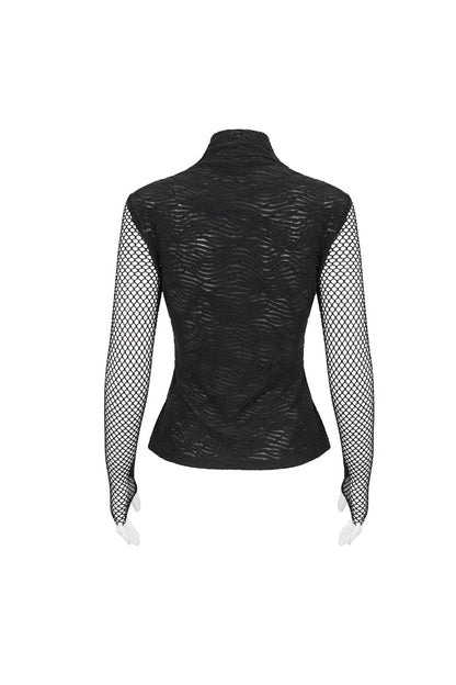 Black Turtleneck Adjustable Faux Suspenders Textured Knit Mesh Women's Punk T-Shirt