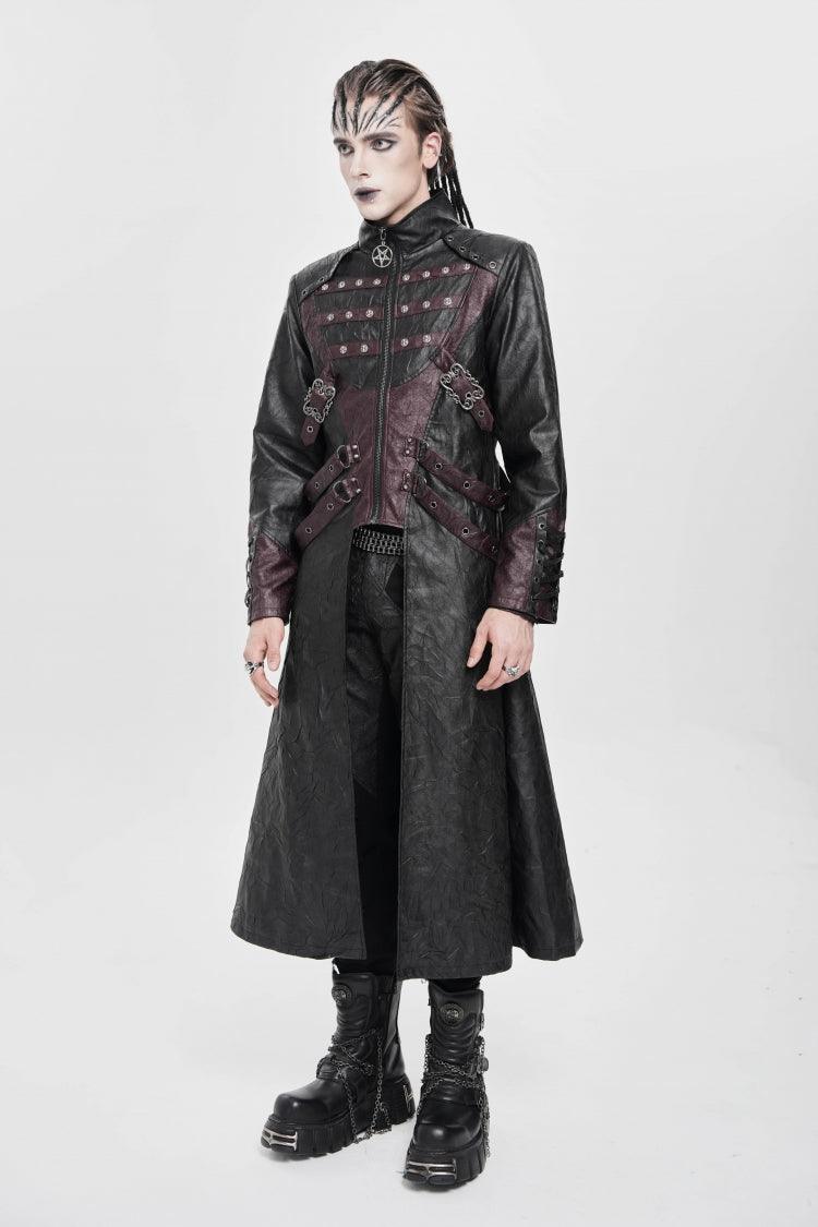 Black/Red Stand Collar Zipper Straps Eyelet Men's Punk Coat