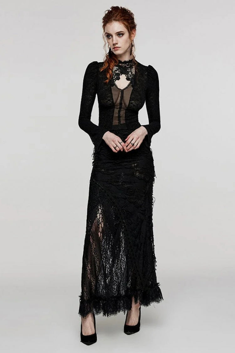 Black Rose Stand Collar Long Sleeves Print Lace Lace-Up Sheer Womens Gothic Blouse
