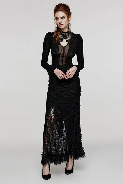 Black Rose Stand Collar Long Sleeves Print Lace Lace-Up Sheer Womens Gothic Blouse