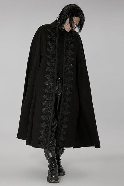 Black Punk Stand Collar Front Lacework Decorate Side Slit Long Men's Cloak