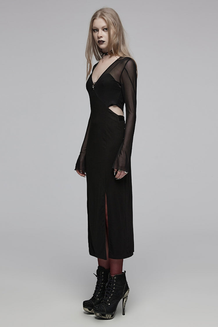 Black V Collar Long Sleeves Hollow Stitching Mesh Women's Gothic Dress