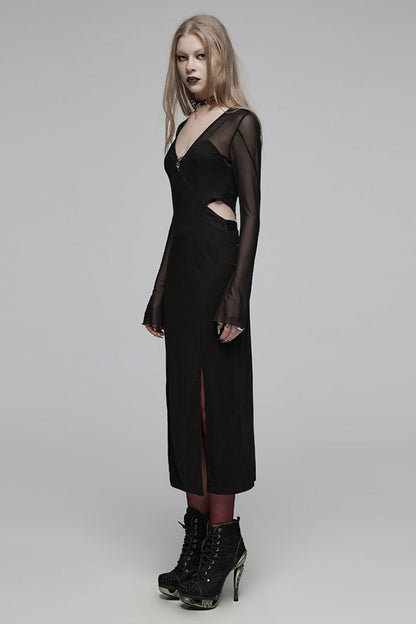 Black V Collar Long Sleeves Hollow Stitching Mesh Women's Gothic Dress