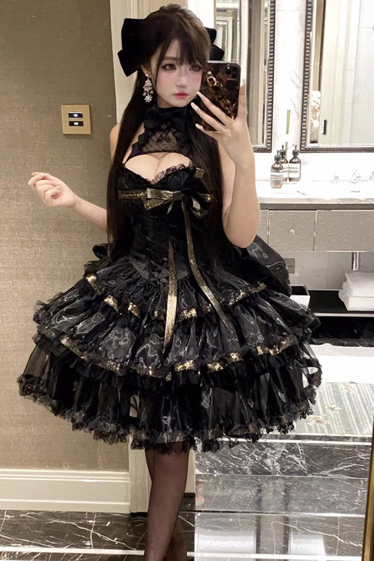 Black [First Kiss] Halterneck Triple-Layered Ruffle Lace Hot Stamping Gothic Princess Lolita Dress