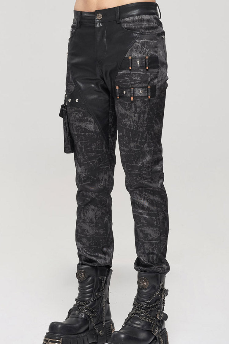 Black Punk Do Old Print Detachable Multi-Pocket Splicing Metal Rivet Decoration Men's Long Pants