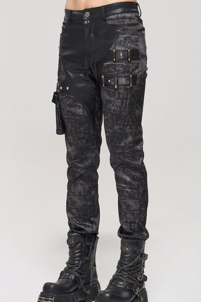 Black Punk Do Old Print Detachable Multi-Pocket Splicing Metal Rivet Decoration Men's Long Pants