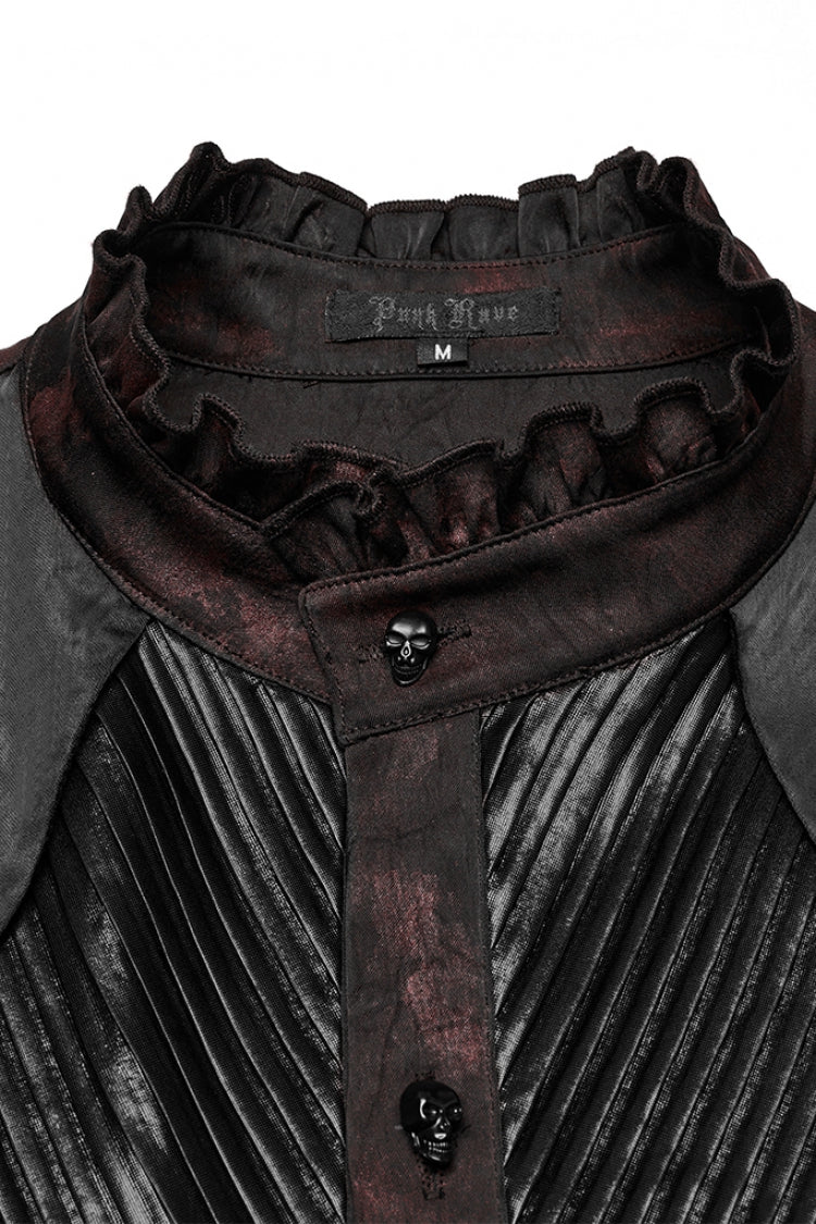 Black/Red Stand Collar Long Sleeves Ruffle Pleated Men's Gothic Blouse