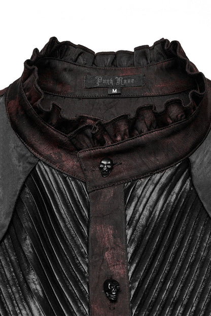 Black/Red Stand Collar Long Sleeves Ruffle Pleated Men's Gothic Blouse
