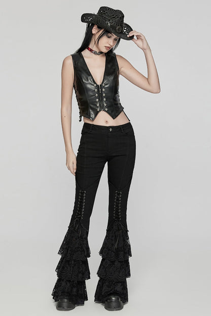 Black Triple-Layered Ruffle Lace-Up Mesh Women's Gothic Pants