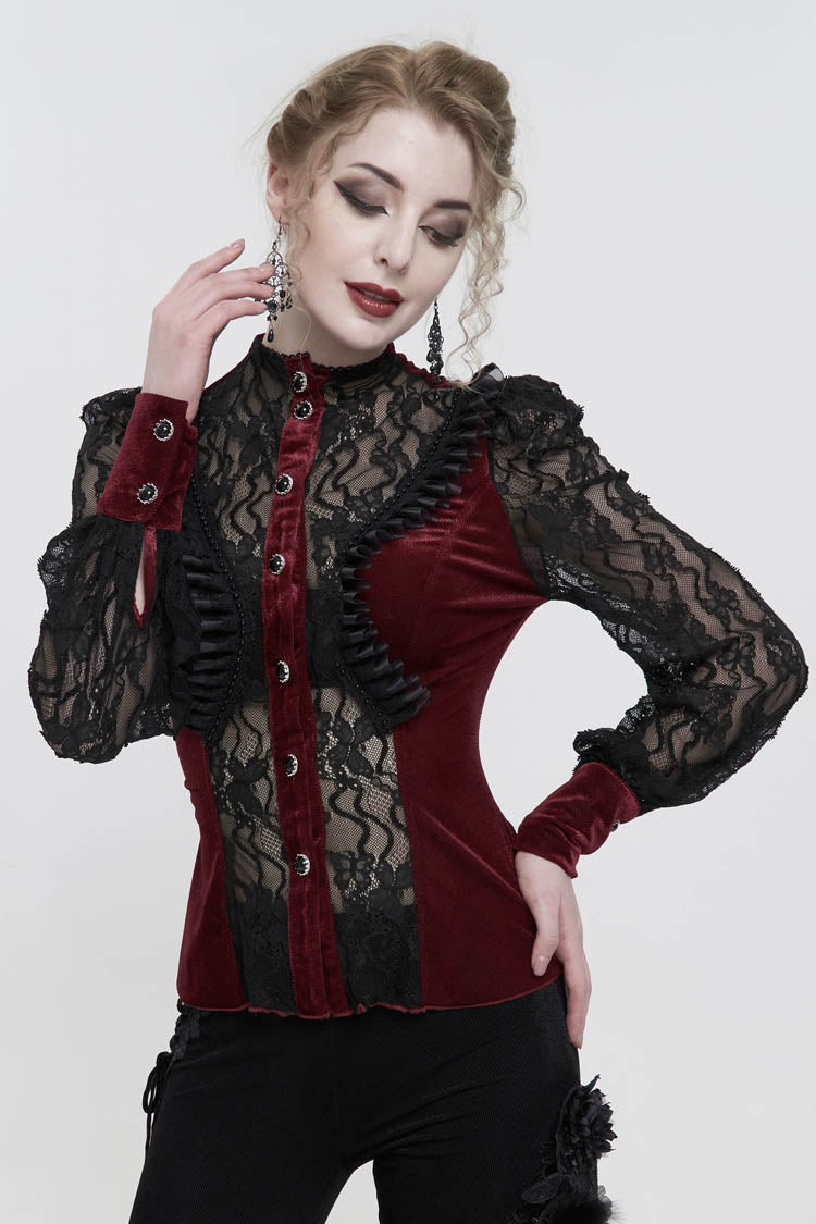 Red Velvet High Neck Lace Fake Bra Design Splicing Three-Dimensional Butterfly Mesh Women's Gothic Shirt