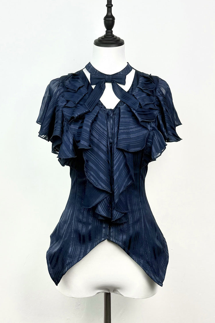 Blue Ruffled Bow Gothic Japanese Lolita Blouse