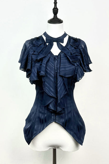 Blue Ruffled Bow Gothic Japanese Lolita Blouse
