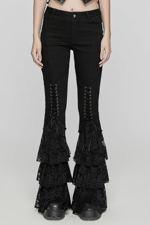 Black Triple-Layered Ruffle Lace-Up Mesh Women's Gothic Pants
