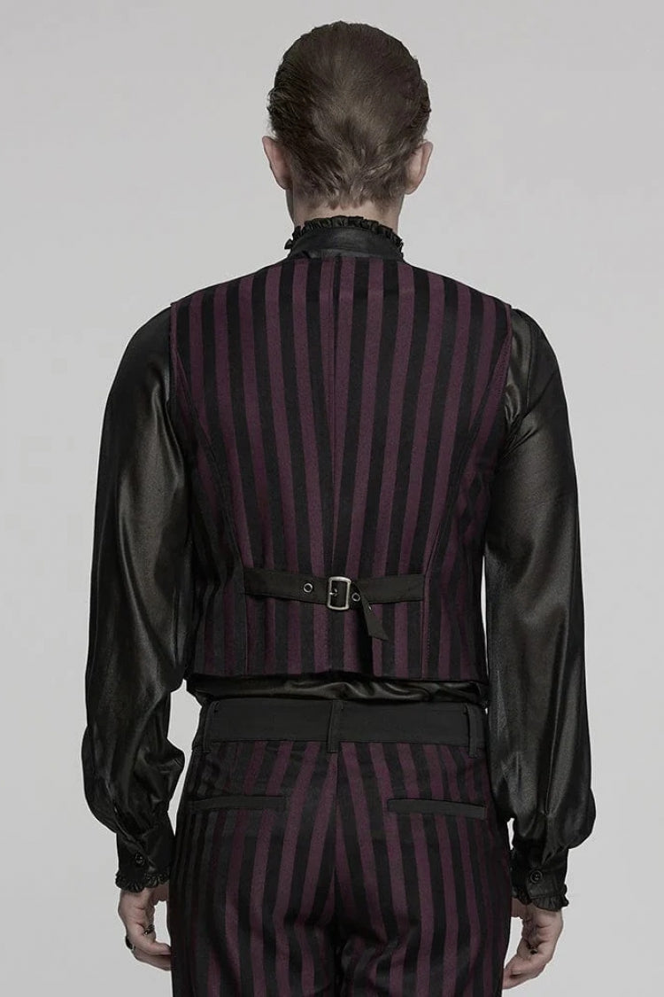 Black/Red V Collar Sleeveless Striped Print Buckle Men's Punk Vest