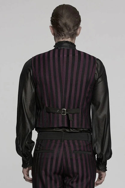 Black/Red V Collar Sleeveless Striped Print Buckle Men's Punk Vest