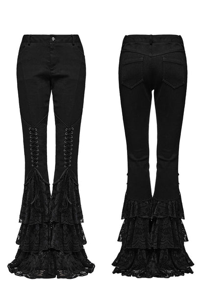 Black Triple-Layered Ruffle Lace-Up Mesh Women's Gothic Pants
