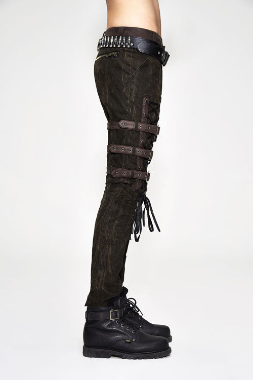 Brown Steampunk Multi Loops Embroider Lace Up Mens Pants