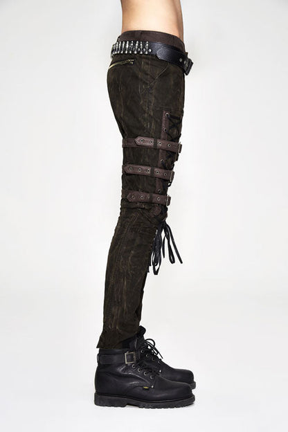 Brown Steampunk Multi Loops Embroider Lace Up Mens Pants