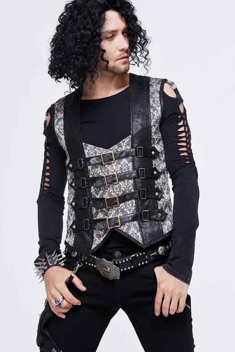 Silver Back Lace Up Jacquard Splice Chest Loop Men's Punk Waistcoat