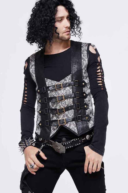 Silver Back Lace Up Jacquard Splice Chest Loop Men's Punk Waistcoat