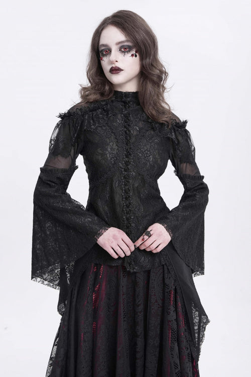 Black Stand Collar Long Trumpet Sleeves Embroidery Stitching Lace Women's Gothic Blouse
