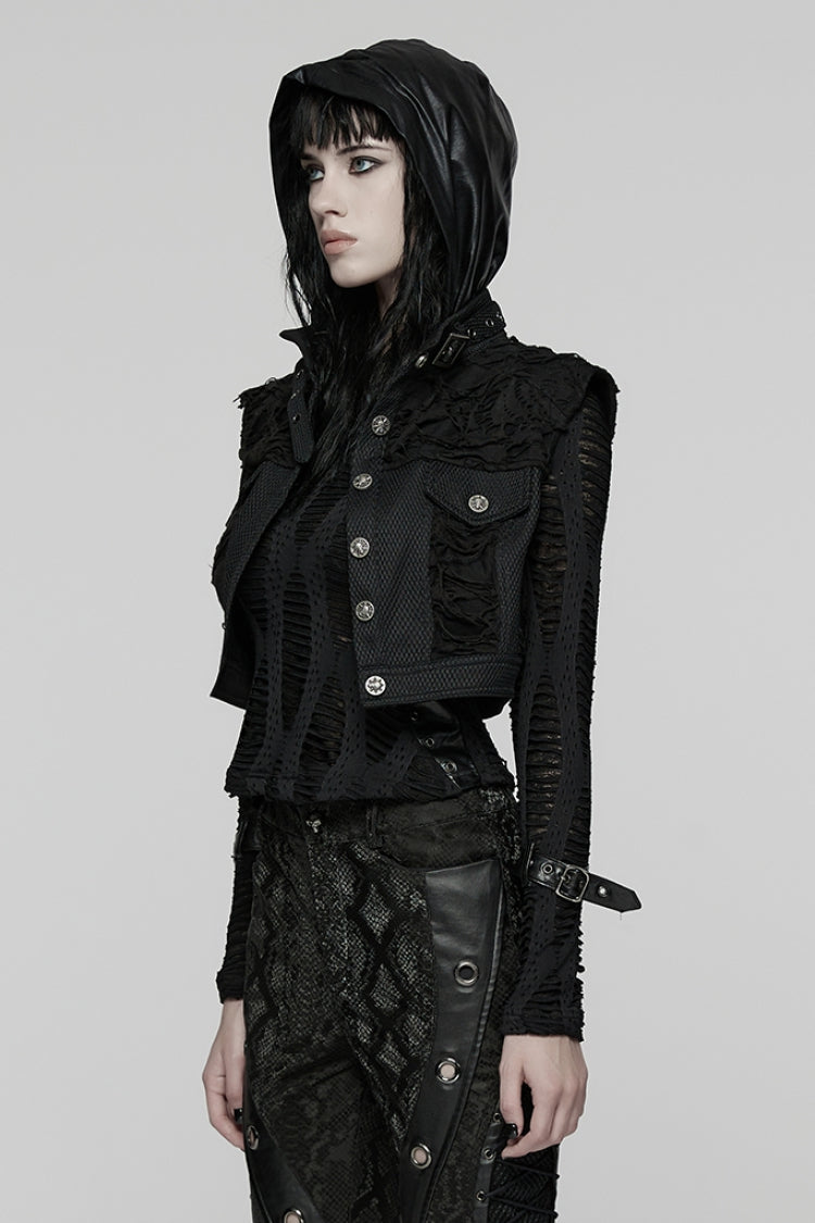 Black Stand Collar Sleeveless Ripped Buckle Women's Punk Short Vest