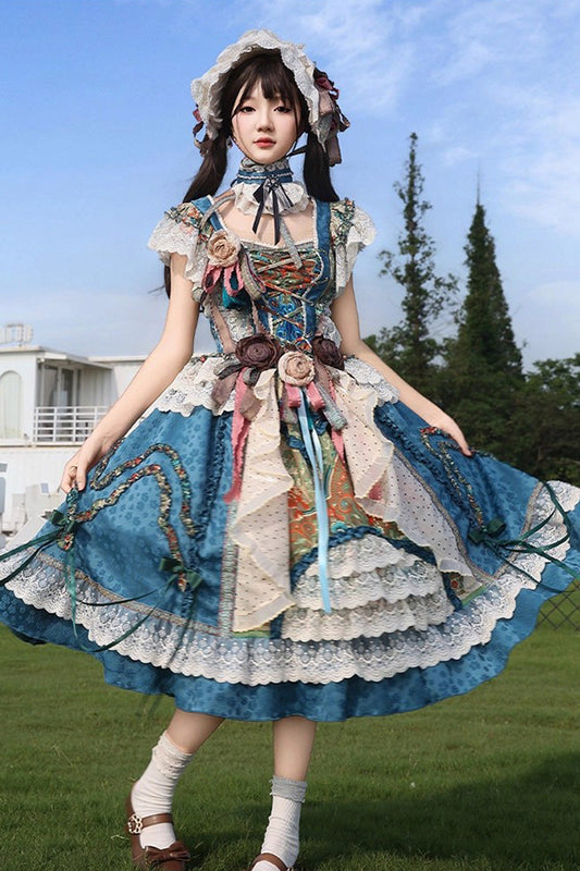 Blue [Lake Monet] Sleeveless High Waisted Print Ruffle Cardigan Bowknot Lace-Up Classic Vintage Elegant Princess Lolita Jsk Dress