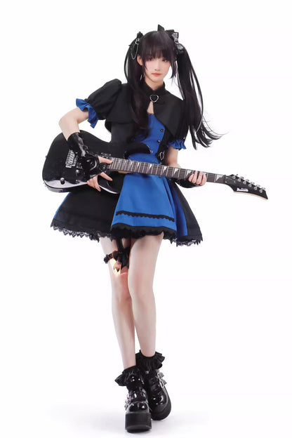 Black/Blue [Night Liana] Ruffle Bowknot Lace-Up Sweet Japanese Lolita Jumper Dress Set