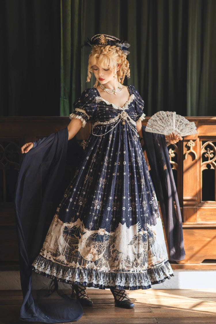 Blue [Unicorn] V Collar Short Sleeves Empire Motif Print Embroidery Bowknot Lace Sweet Elegant Lolita Dress