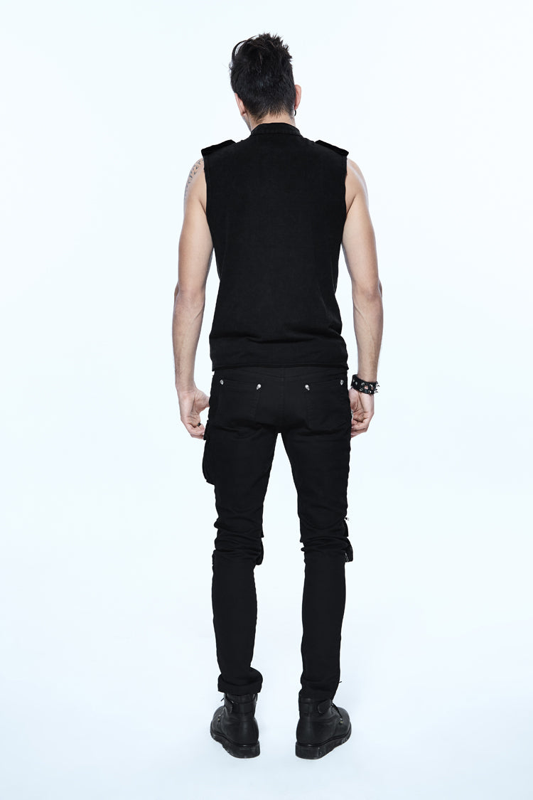 Black Military Uniform Style Chest Chinese Frog Button Sleeveless Men's Punk T-Shirt