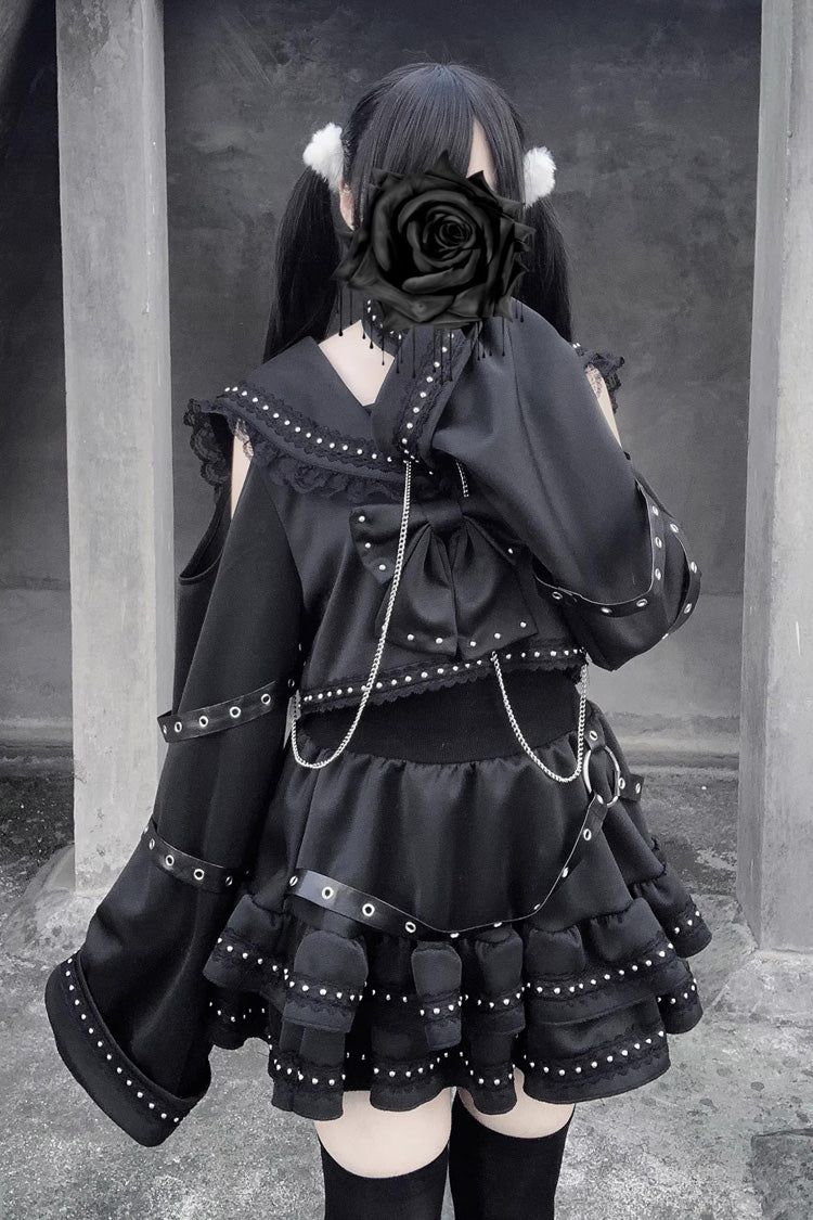 Black [Serpent Devour] Navy Collar Long Sleeves Ruffled Bow Studded Gothic Jirai Kei Top and Skirt Set