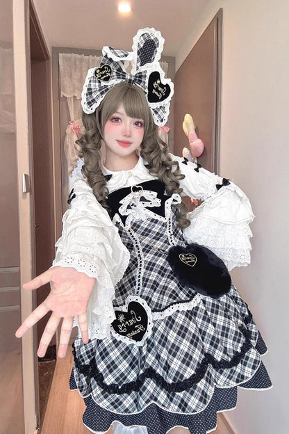 Black/White [Shibuya Sweetheart] Sleeveless Plaid Print Ruffle Bowknot Sweet Lolita Jsk Dress (Plus Size Support)