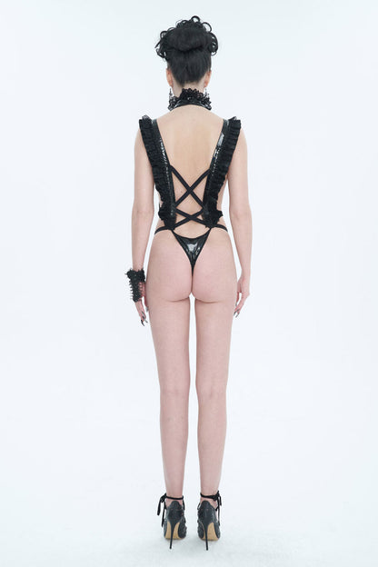 Black Stretch Patent Leather Cutout Lace Ruffle Button Women's Gothic Bodysuit