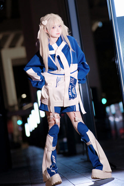 White/Blue [Zero-Type Transformation] Techwear Long Sleeves Embroidered Hooded Punk Jirai Kei Shorts Coat Set