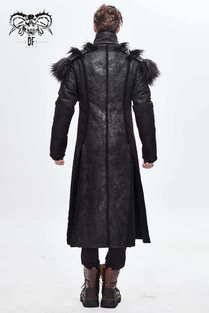 Black Stand Up Collar Shoulder Fur Cape Front Metal Hasp Chest Loops Long Fur Men's Punk Coat