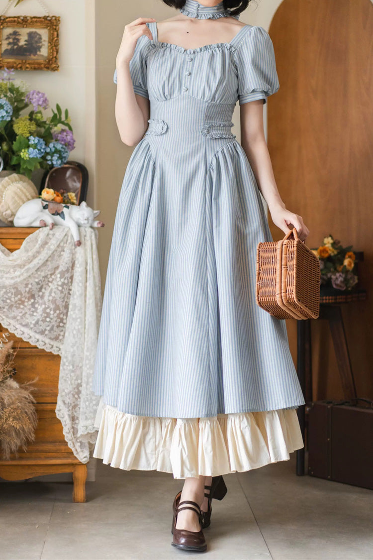 Light Blue [Chantilly Forest] Square Collar Short Sleeves Striped Printed Ruffled Classic Vintage Elegant Lolita Dress