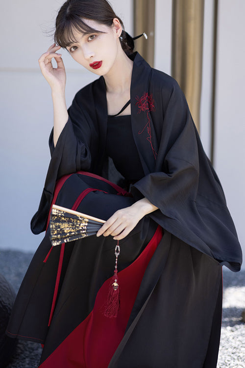 Black/Red Chinese Style Song Dynasty Flower Embroidery Long Sweet Hanfu Dress Full Set