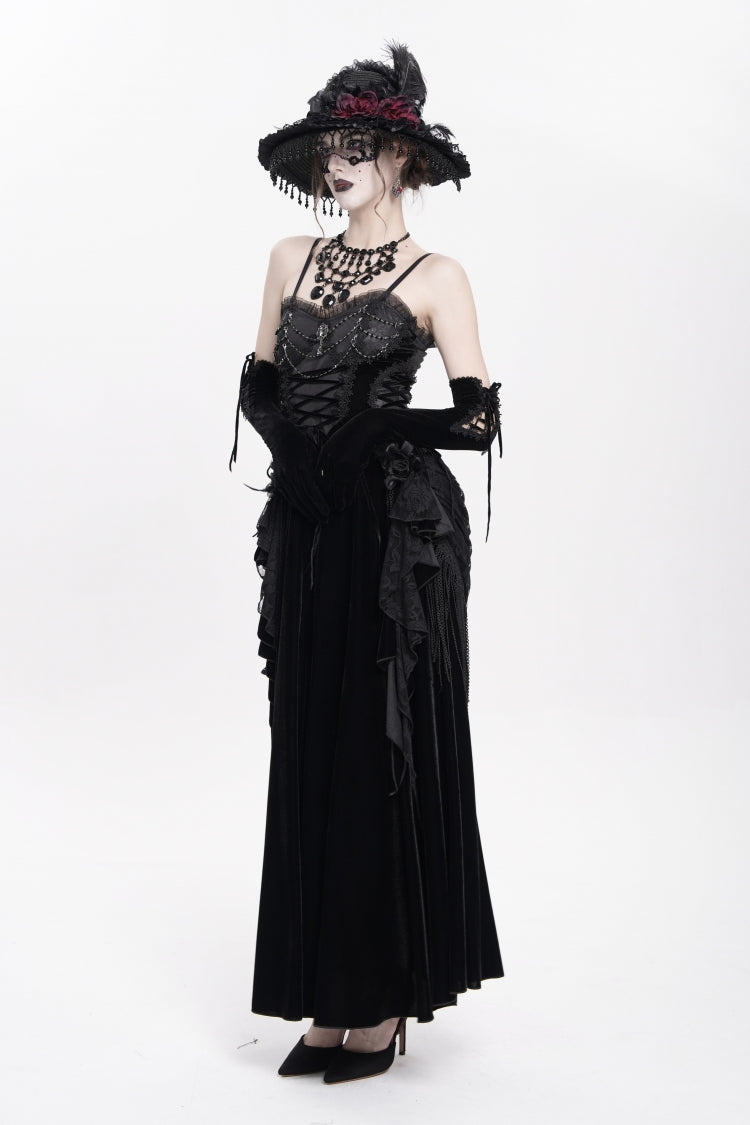 Black Sleeveless Ruffle Lace-Up Plumed Women's Gothic Long Slip Dress